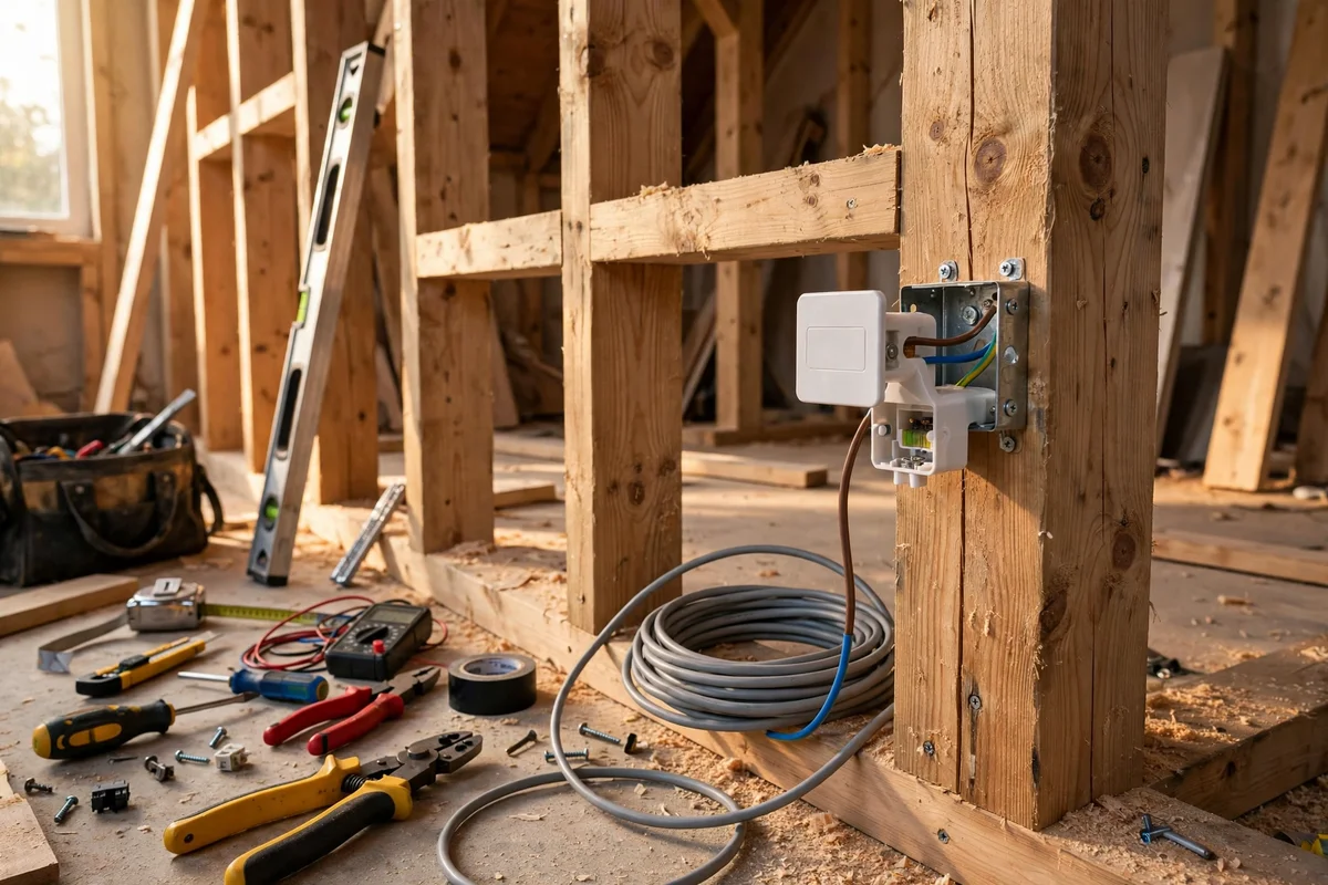 Qualified electrician installing a fused spur socket behind a media wall