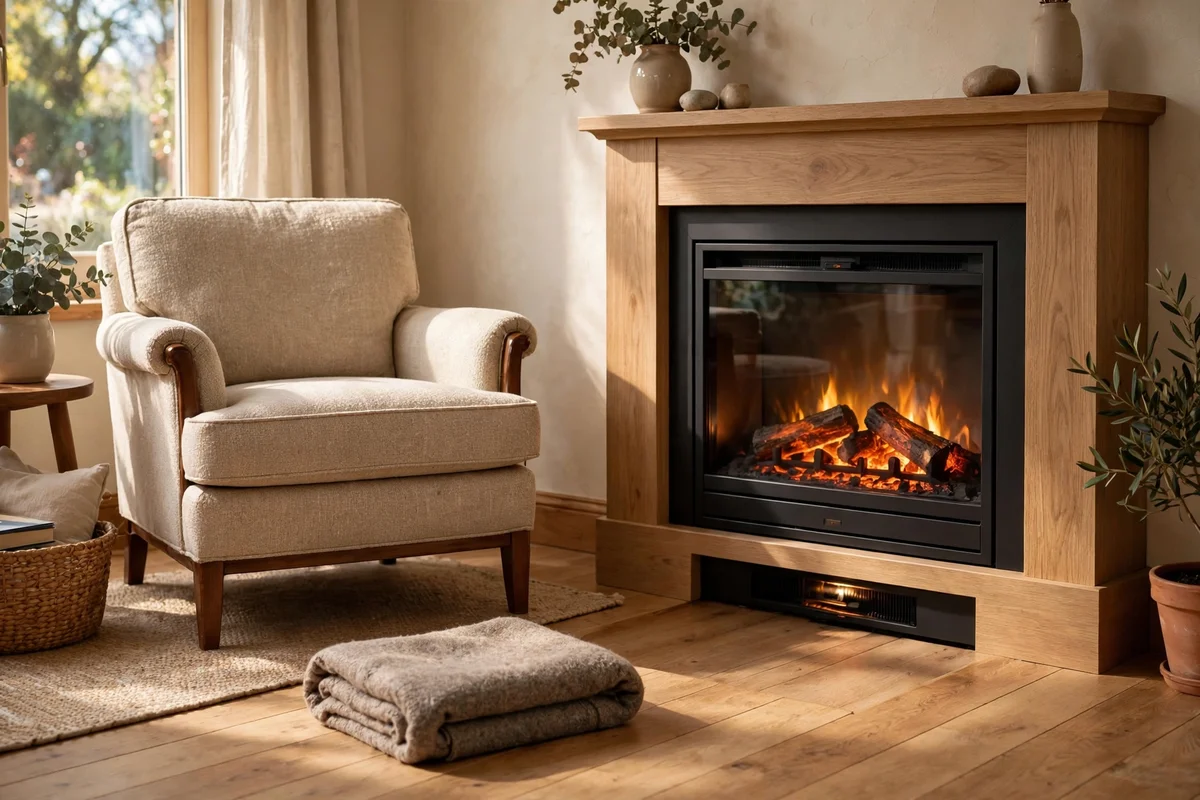 Armchair and soft throw kept at a safe distance from an electric fireplace