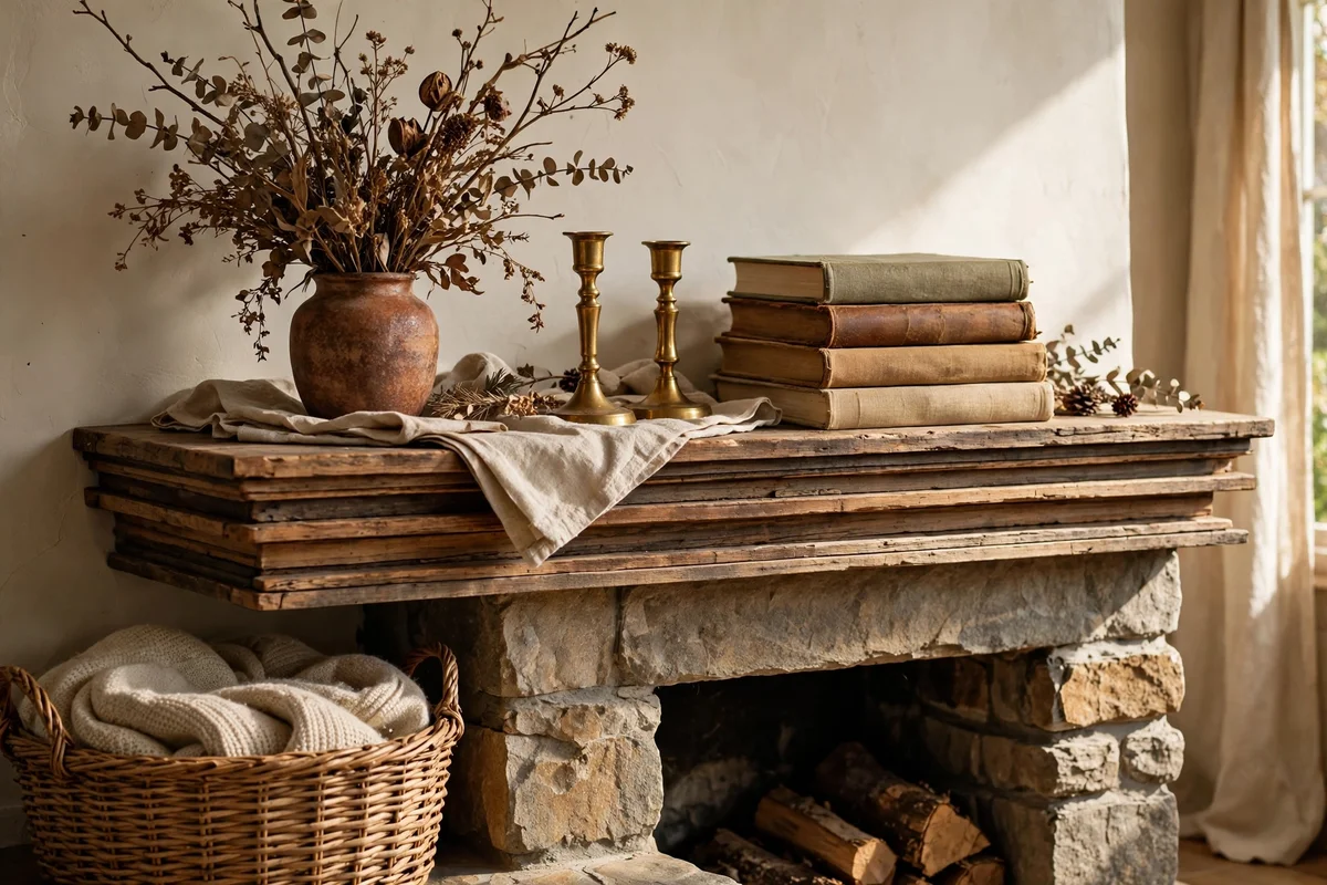 Layered fireplace surround with stacked books, candles and dried branches