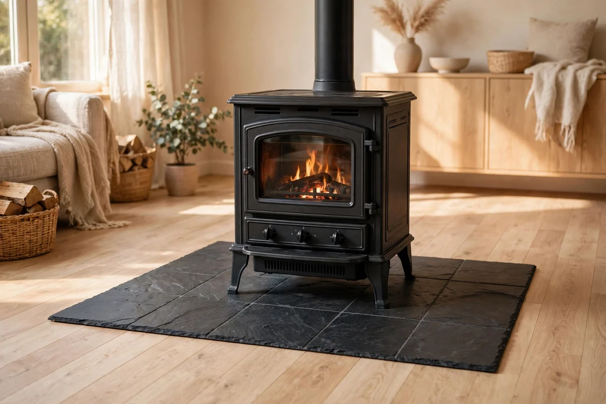 Slate hearth pad laid under a freestanding electric stove in a living room