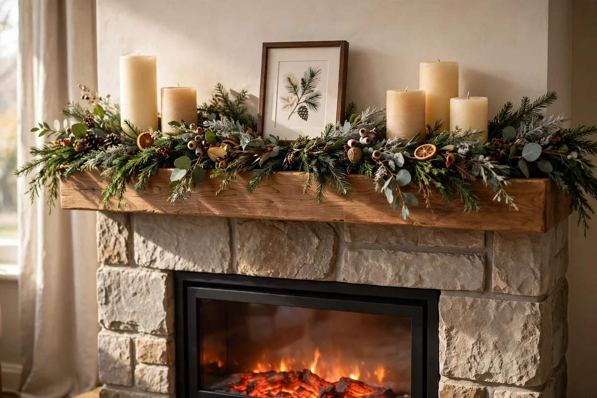 Mantel shelf dressed with pillar candles and winter greenery above an electric fire
