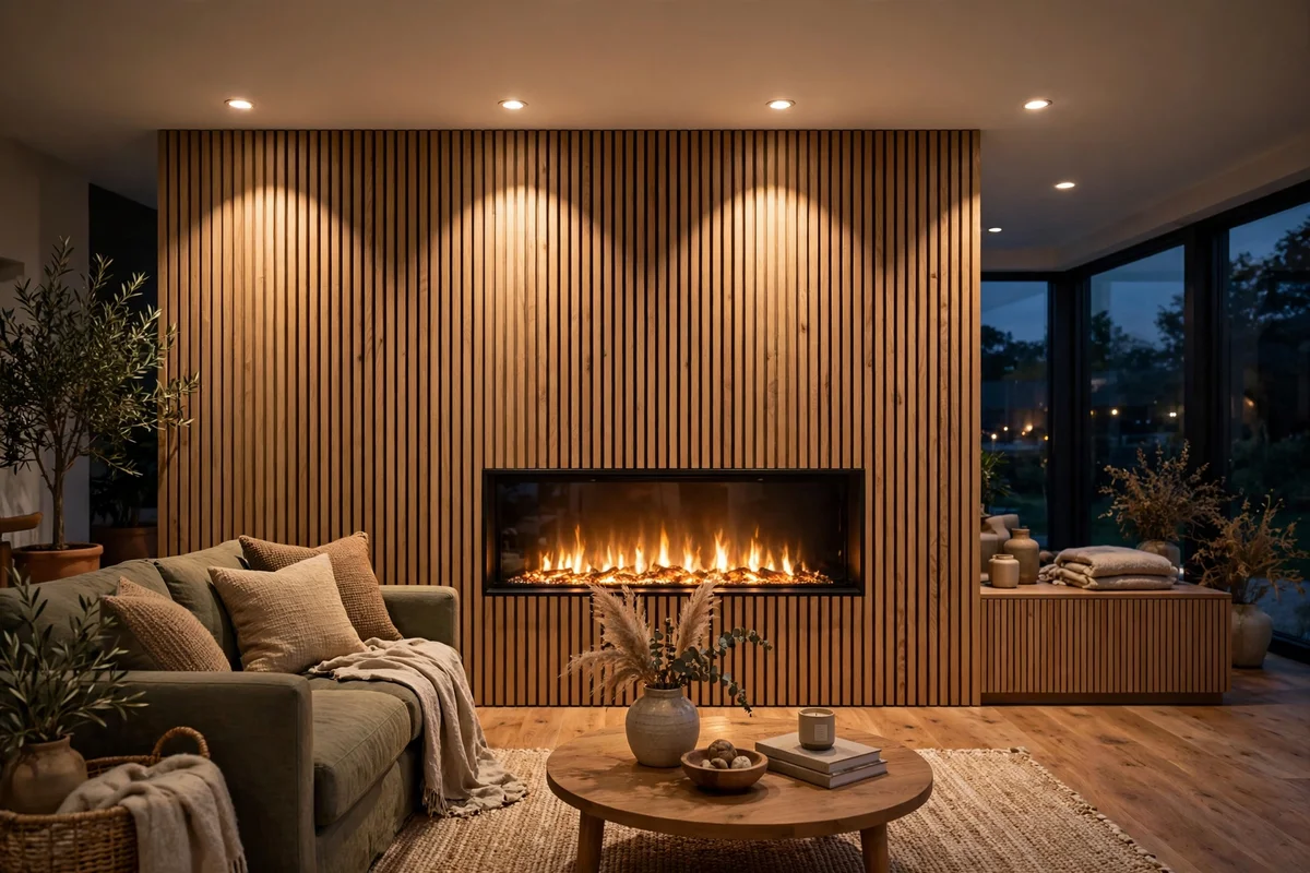 Recessed ceiling downlights glowing above an electric fireplace feature wall