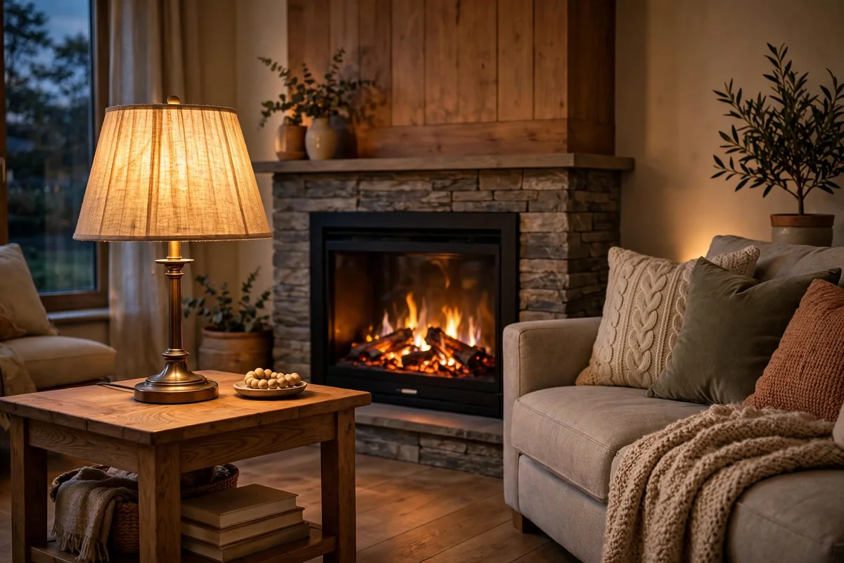 Warm table lamp glowing beside an electric fireplace in an evening living room