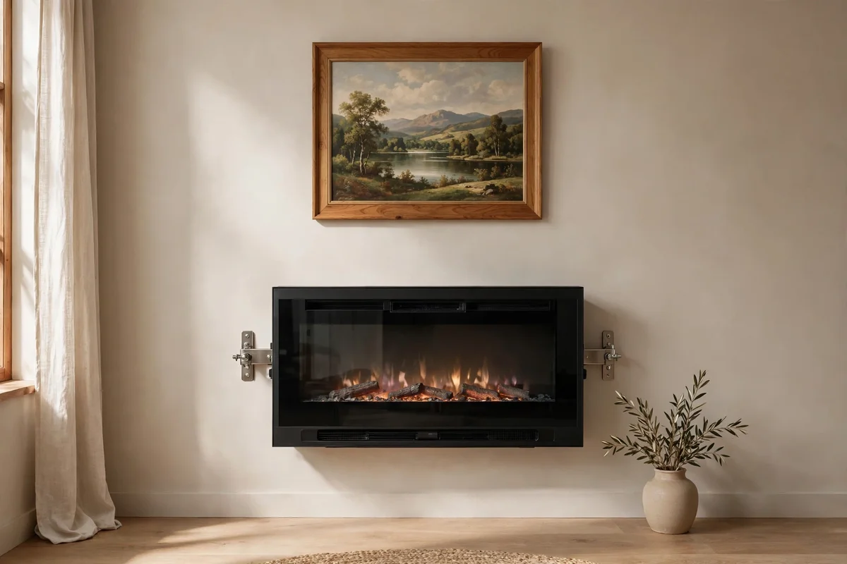 Framed artwork hung above a wall mounted electric fireplace with clear space