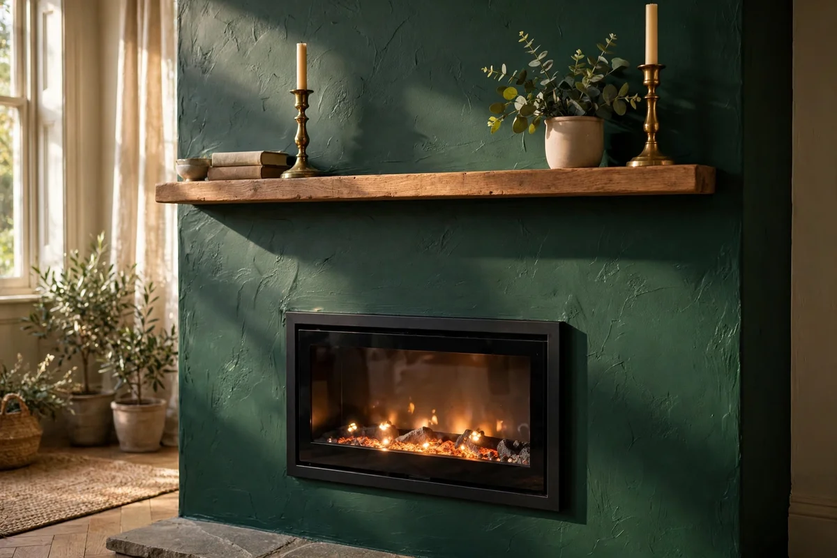 Deep green painted chimney breast wall with an inset electric fire