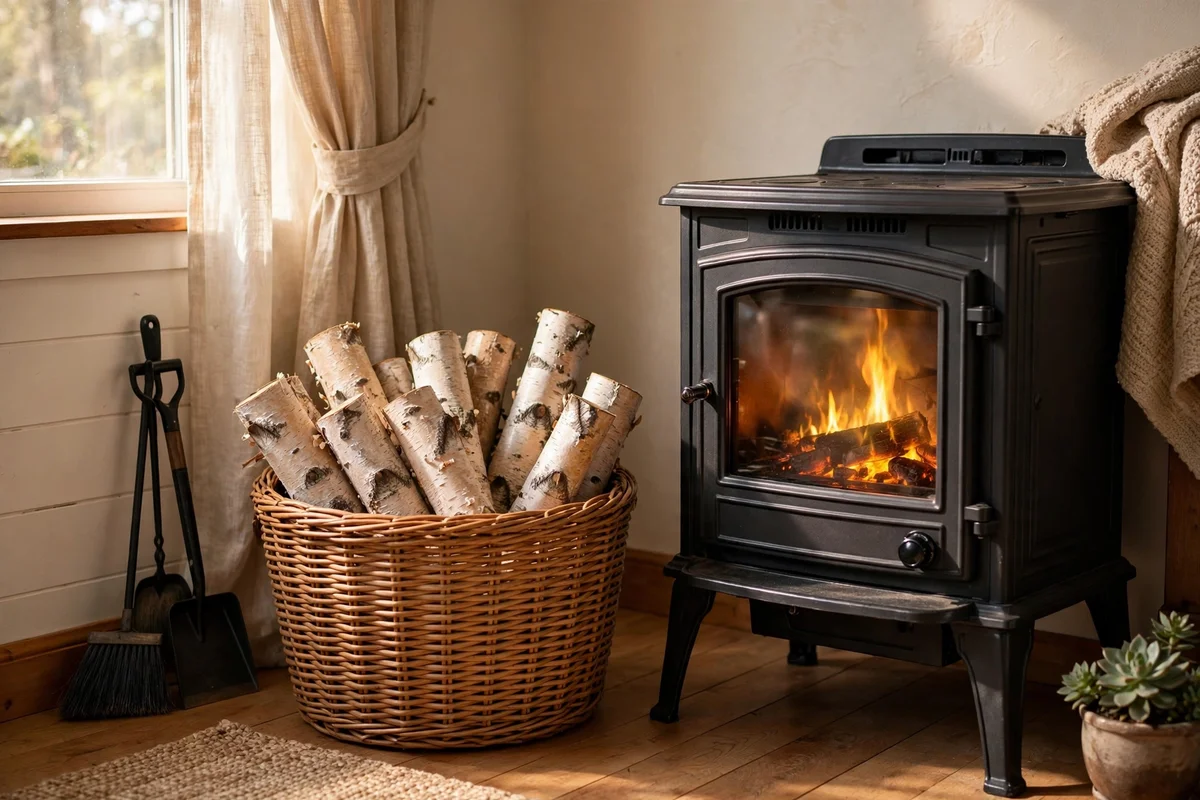 Wicker log basket with decorative birch logs beside an electric stove
