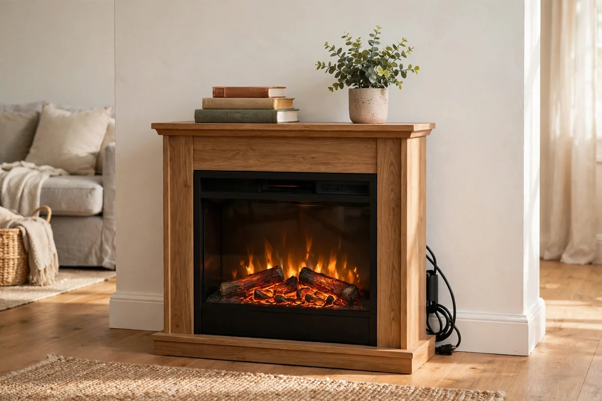 Freestanding electric fireplace styled in a rented living room with no wall fixings