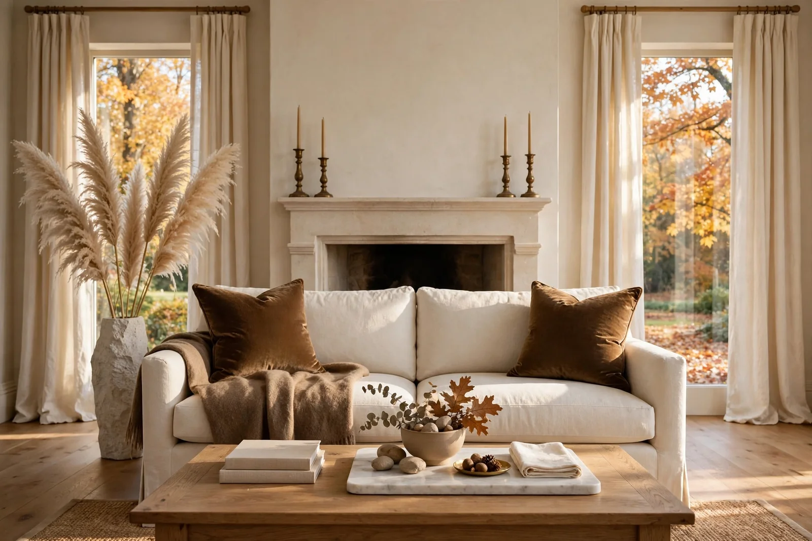Elegant fall living room with cream sofa, bronze cushions and a tall dried arrangement in warm afternoon light