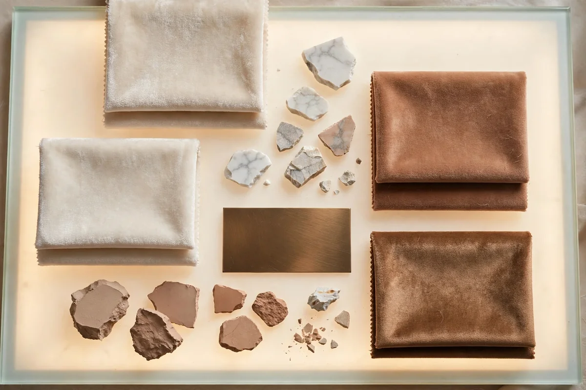 Living room mood board of cream, ivory, bronze and clay tones arranged on a table