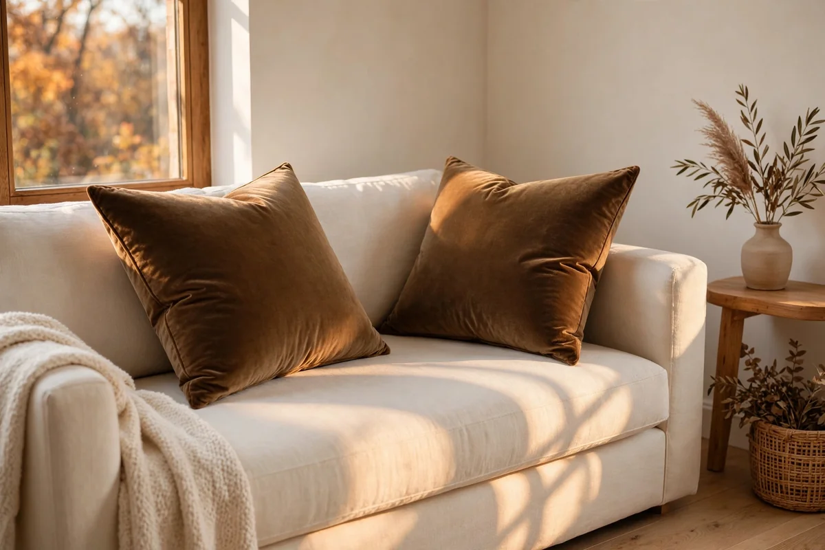 Cream sofa styled with two bronze velvet cushions catching warm window light
