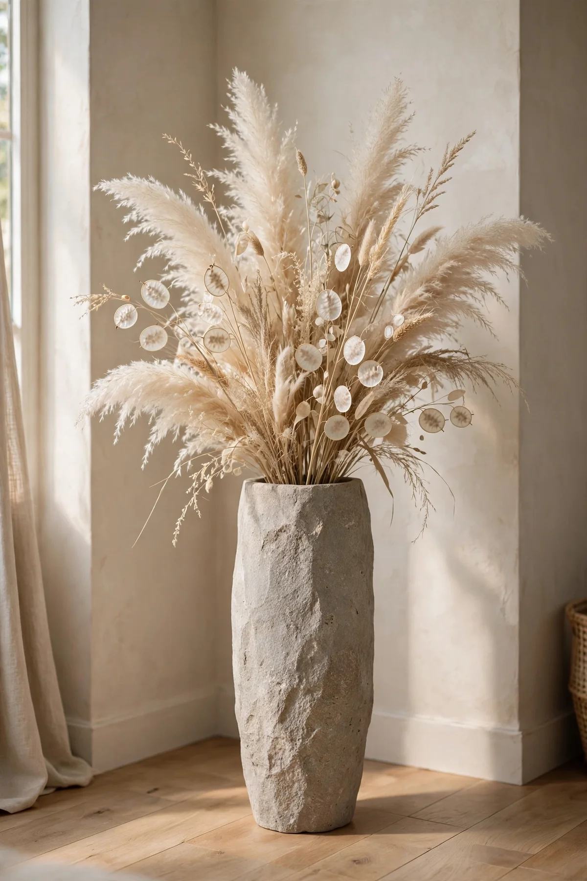 Tall stone vase with a sculptural arrangement of dried pampas and seed heads