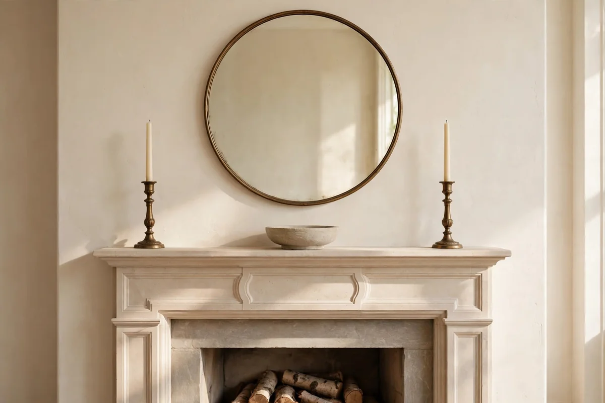 Symmetrical mantel with two bronze candlesticks and a small stone bowl