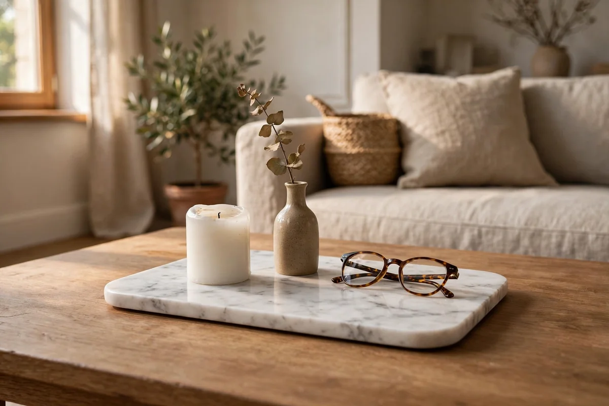 Polished marble tray with a candle and bud vase centred on a coffee table