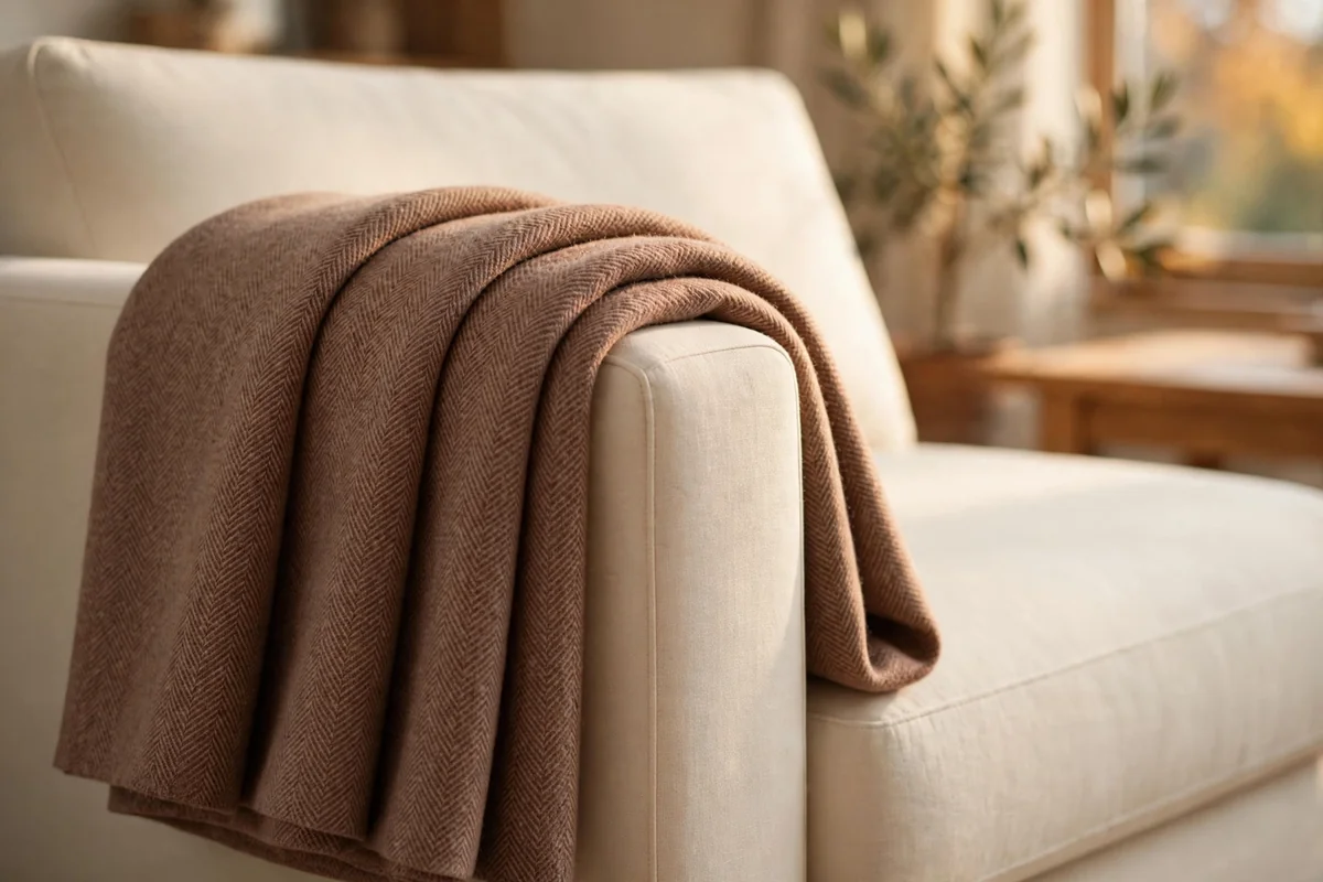 Muted clay wool throw folded neatly across the arm of a cream sofa