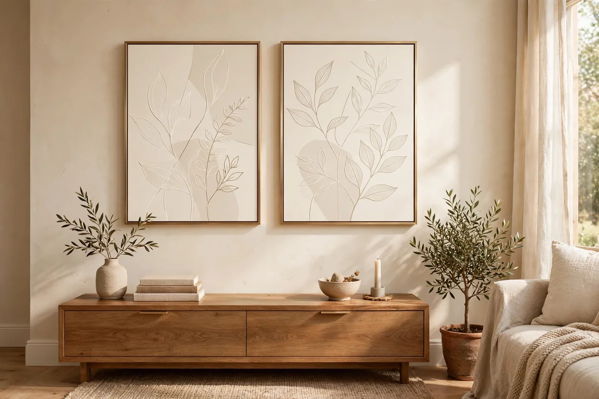 Two ivory-toned prints in slim brass frames hung above a living room console