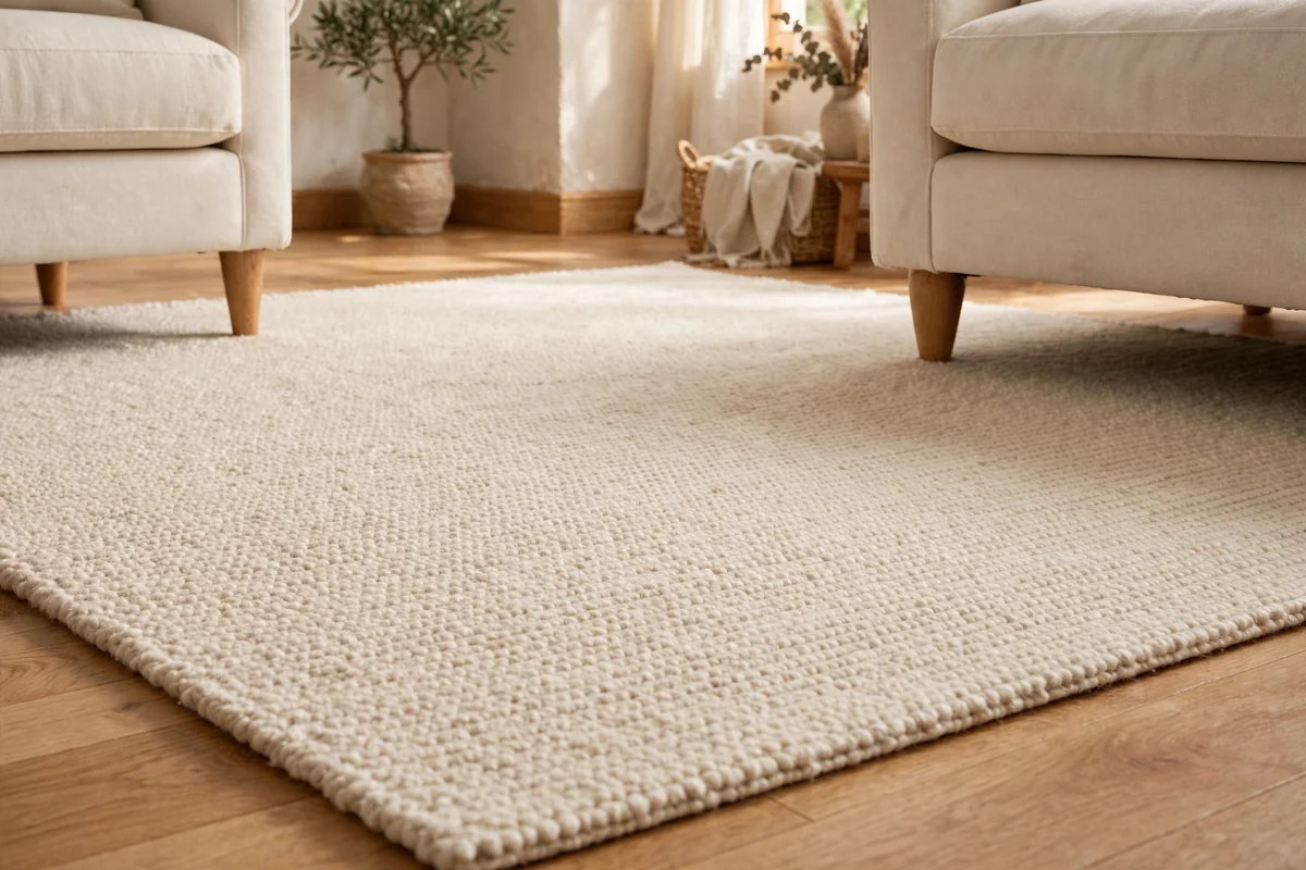 Low-pile cream rug under a sofa with bare wooden floor visible at the edges