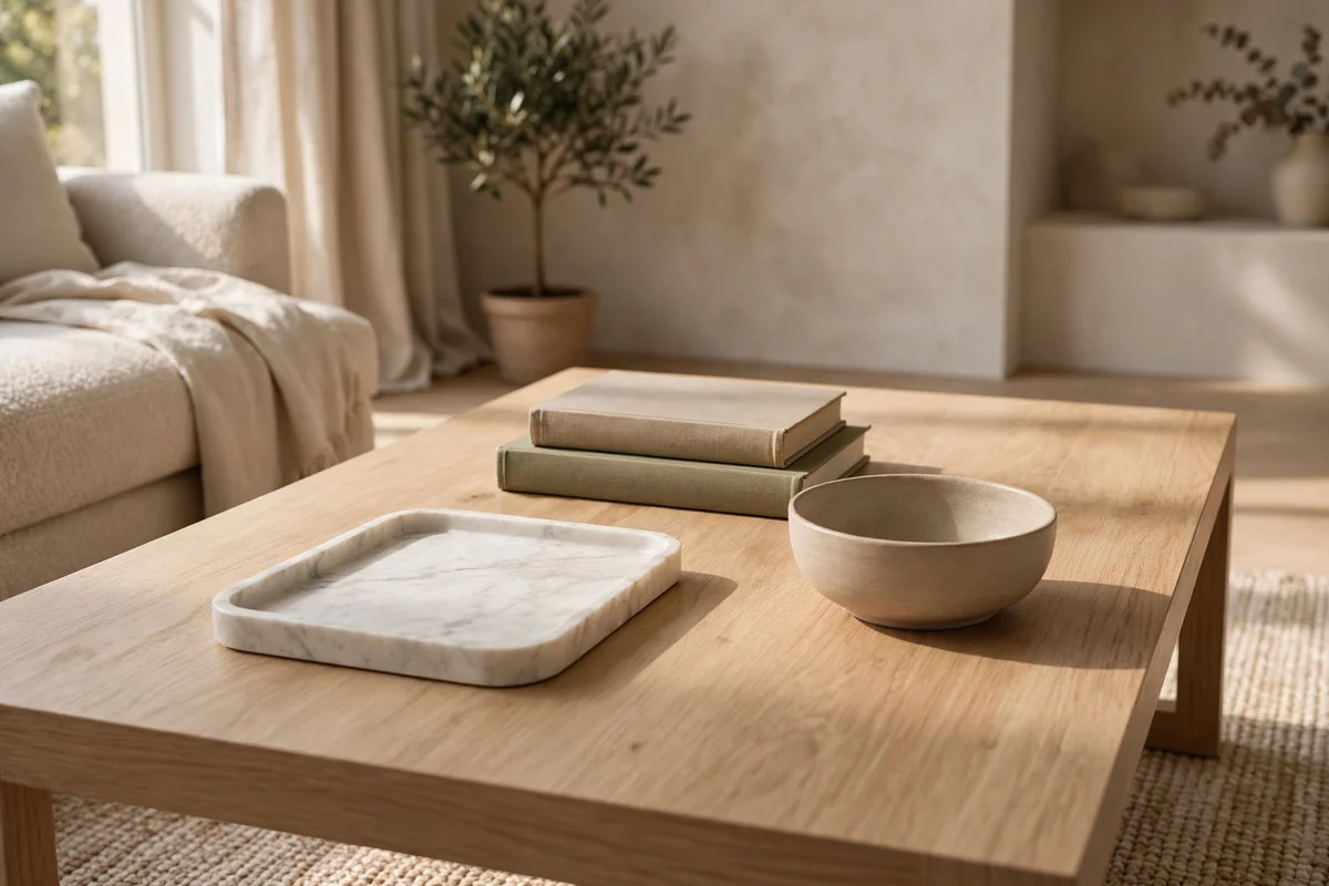 Minimal coffee table with a marble tray, book stack and low bowl in a triangle