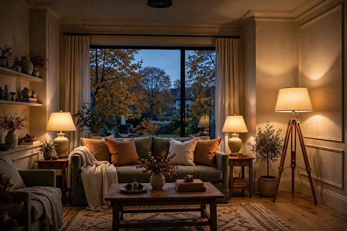 Living room glowing with two warm table lamps and a floor lamp at dusk