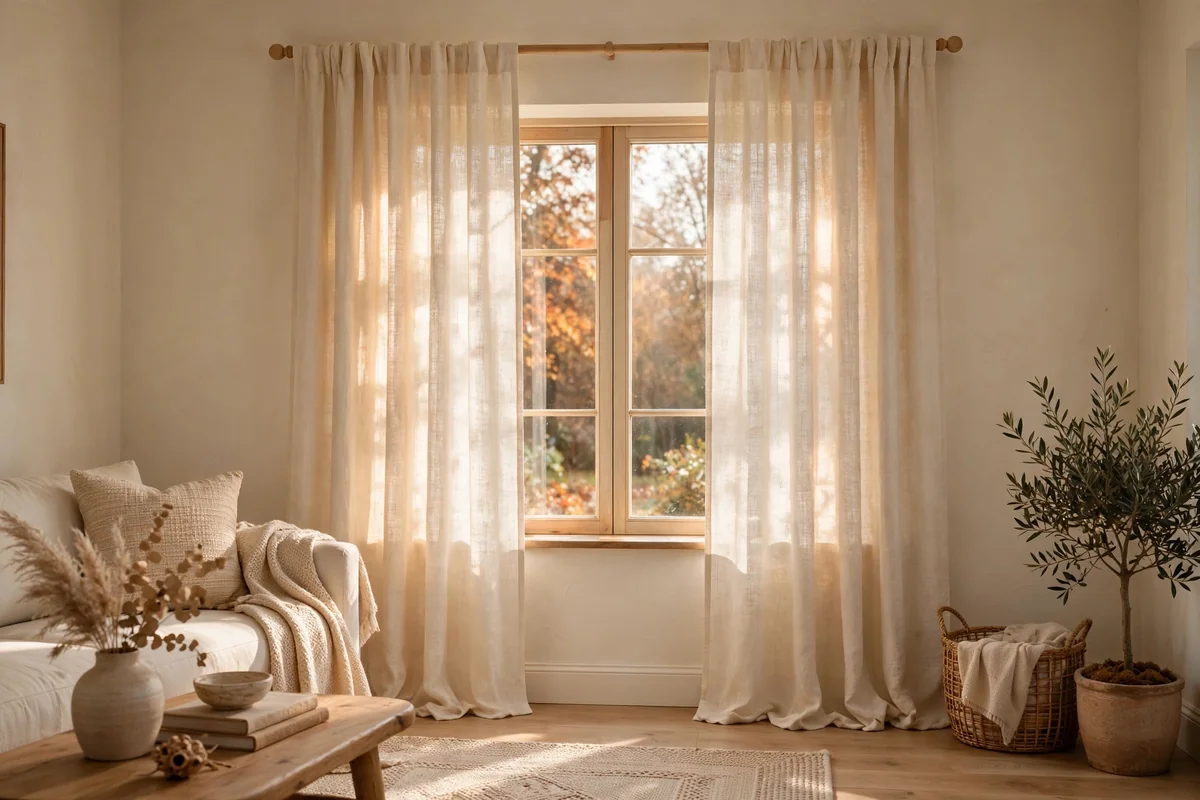 Warm ivory linen curtains filtering soft autumn light into a calm living room