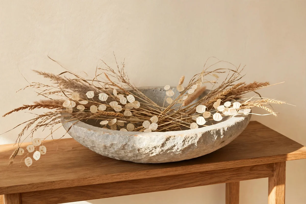 Shallow stone bowl of dried botanicals resting on a living room console table