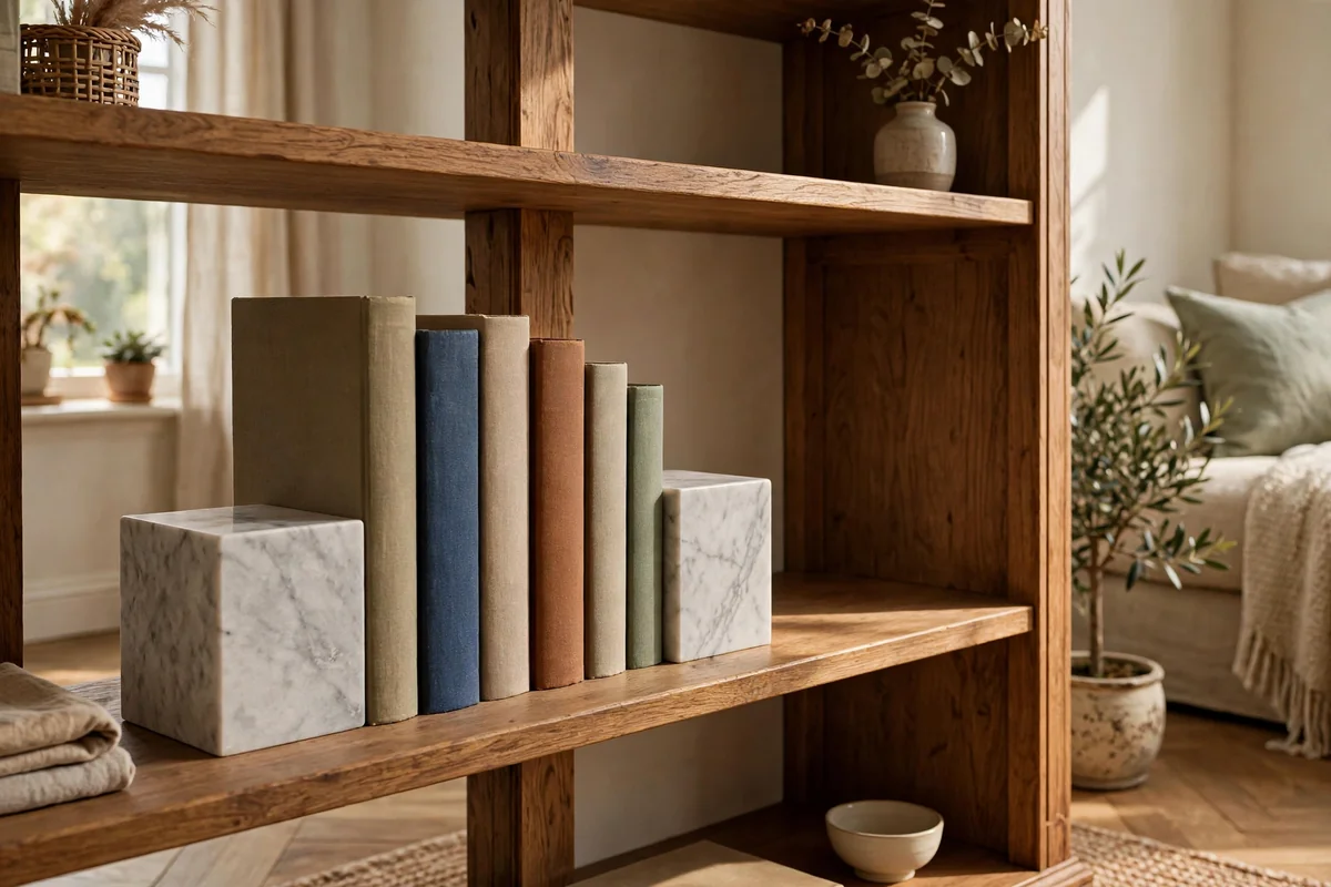 Two marble bookends bracketing books on a calm living room bookshelf