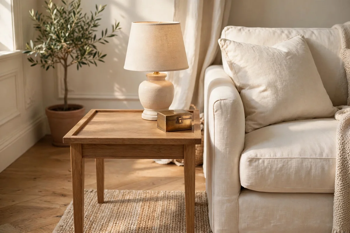 Edited side table with one lamp and a small brass box beside a sofa