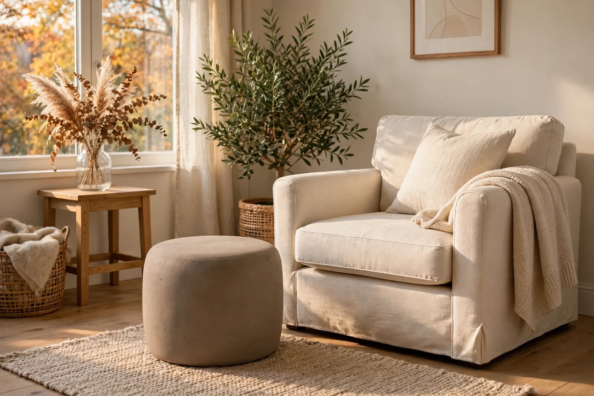 Round muted clay ottoman tucked beside an armchair in a cream living room