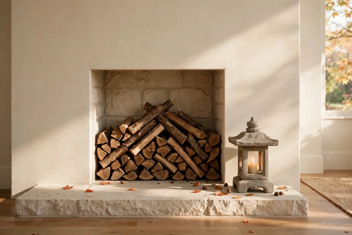 Fireplace hearth styled with neatly stacked logs and a stone lantern