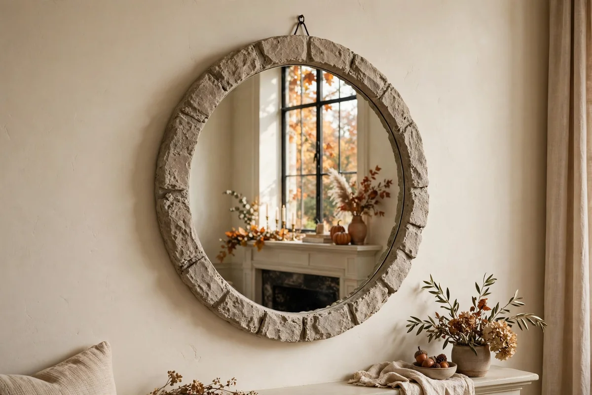 Round mirror in a stone-tone frame reflecting soft autumn window light