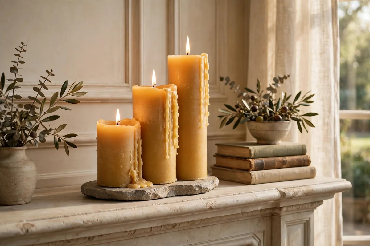 Cluster of three beeswax pillar candles at different heights on a stone tray