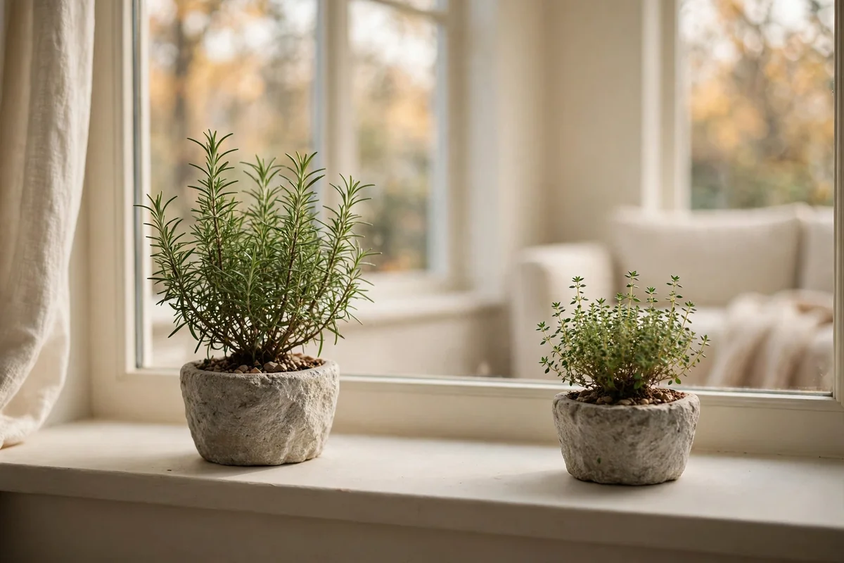 Two small stone pots of rosemary and thyme on a bare living room windowsill