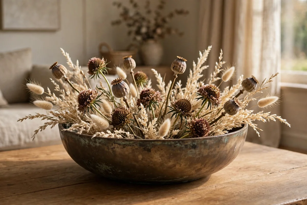 Low bronze bowl loosely filled with dried poppy heads and cream grasses