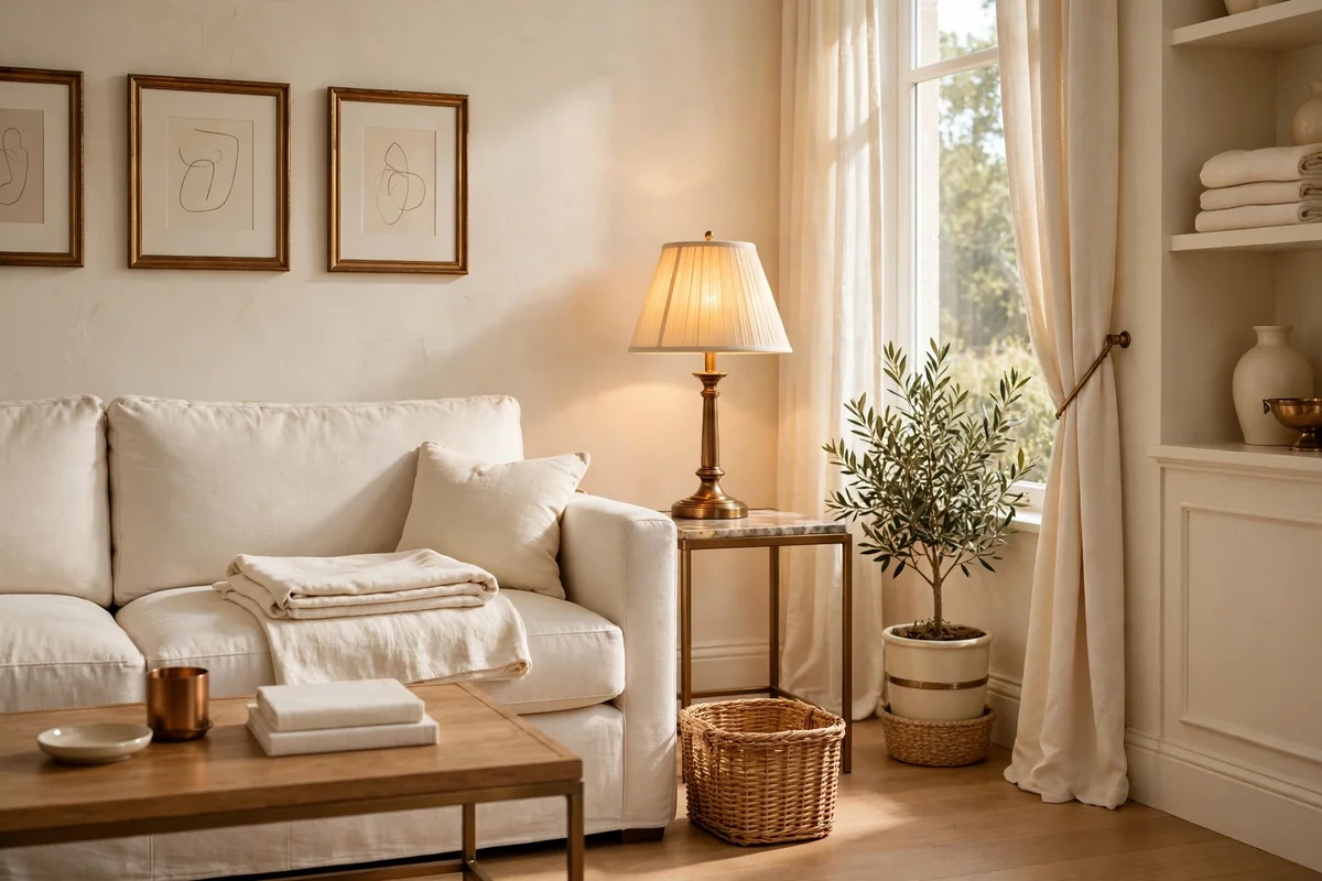 Serene edited living room surfaces with a small woven basket for weekly tidying