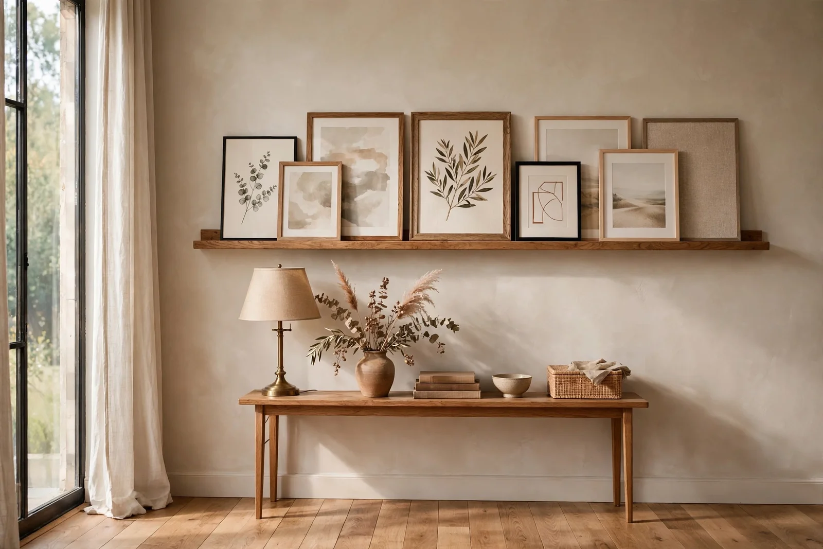 Living room wall with a wooden picture ledge of layered prints above a console table