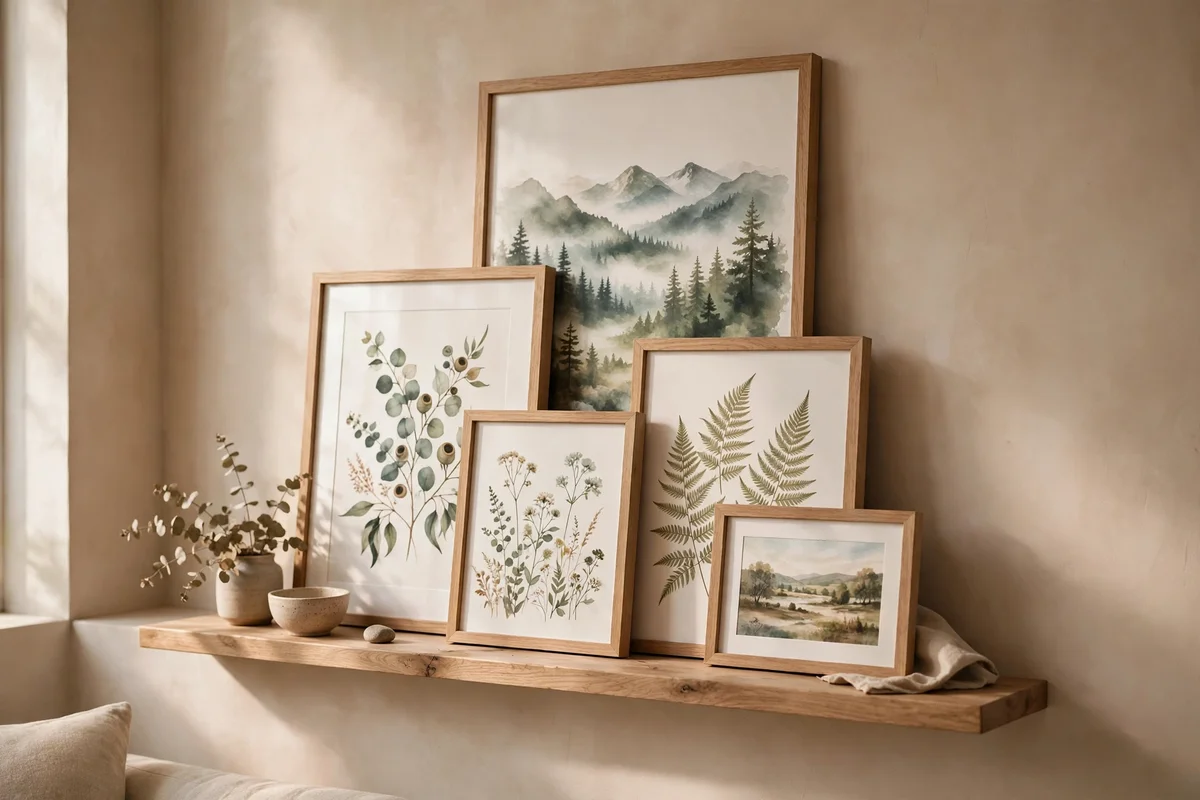 Wooden picture ledge with layered seasonal art prints on a living room wall