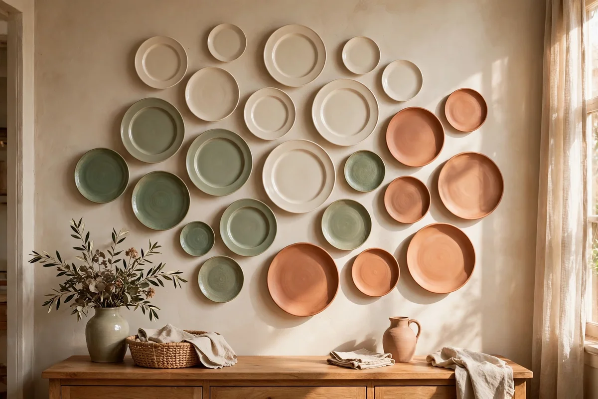 Collected wall of plain cream and sage ceramic plates in mixed sizes