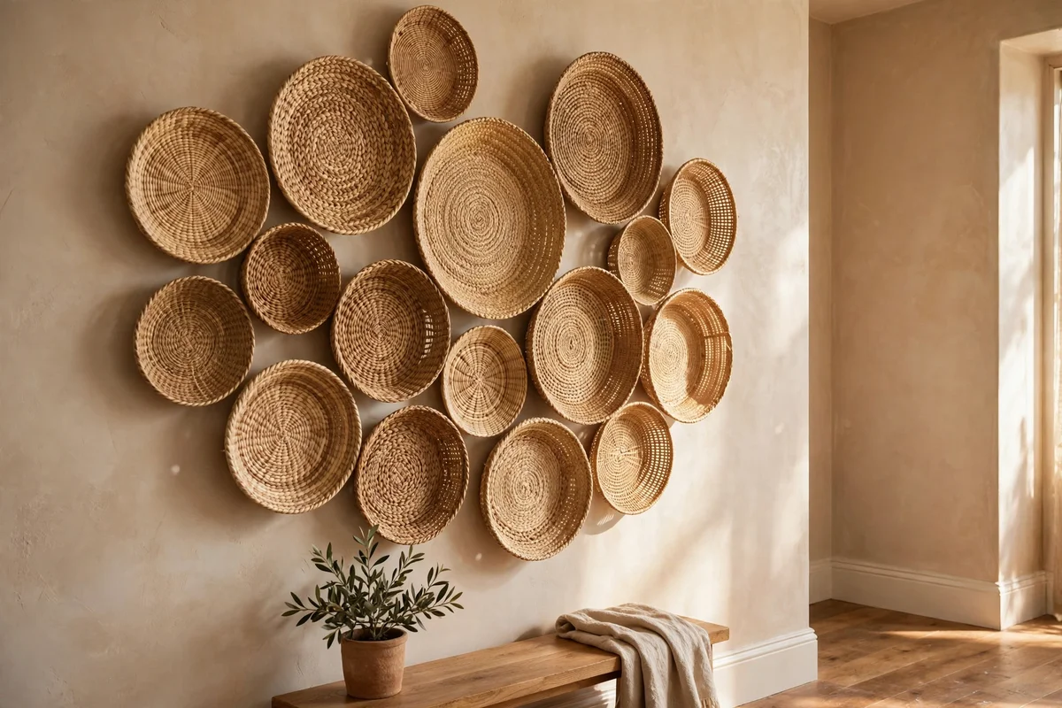 Woven seagrass and rattan basket wall arrangement in natural tones