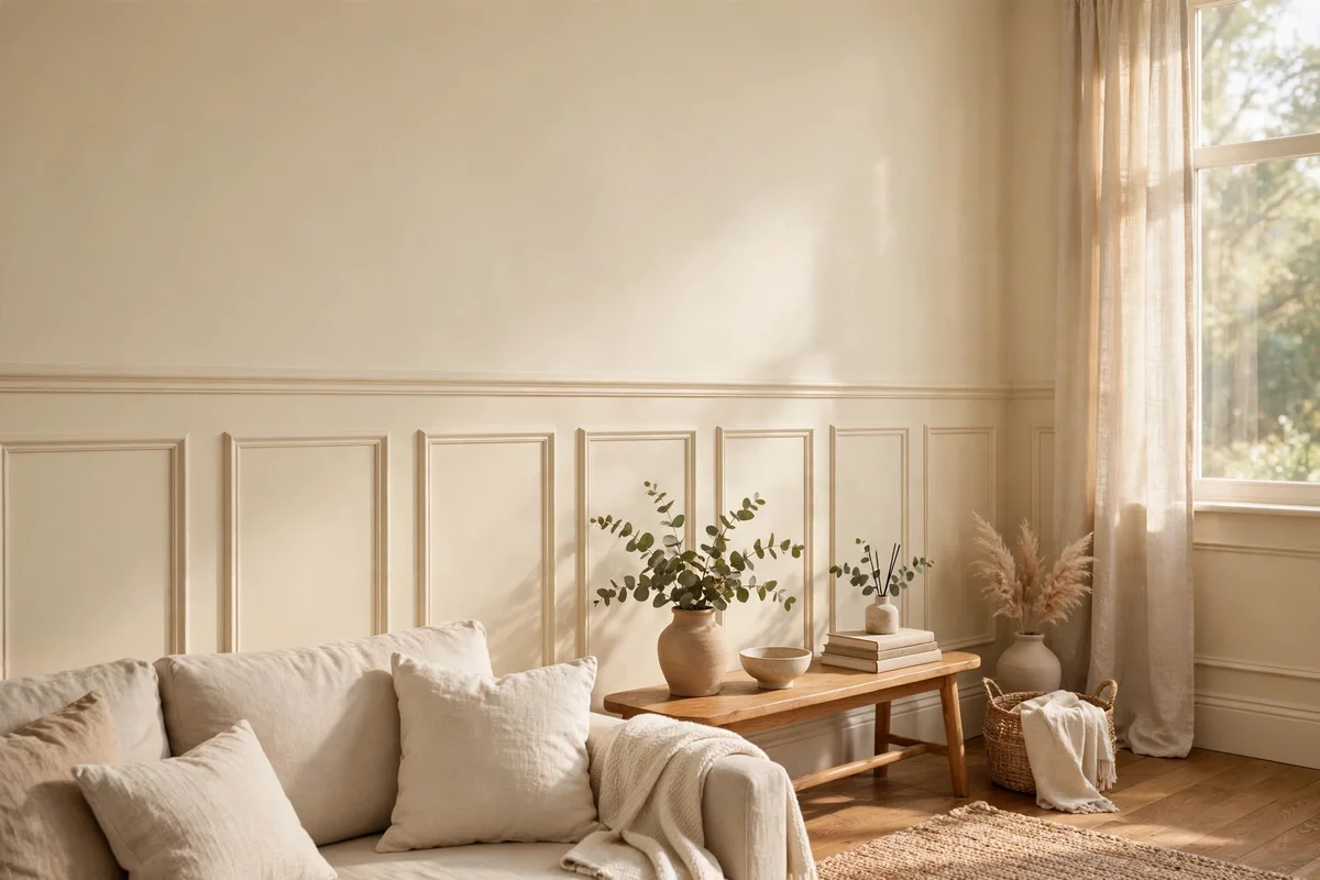 Cream wall with simple painted rectangular panelling below a chair rail