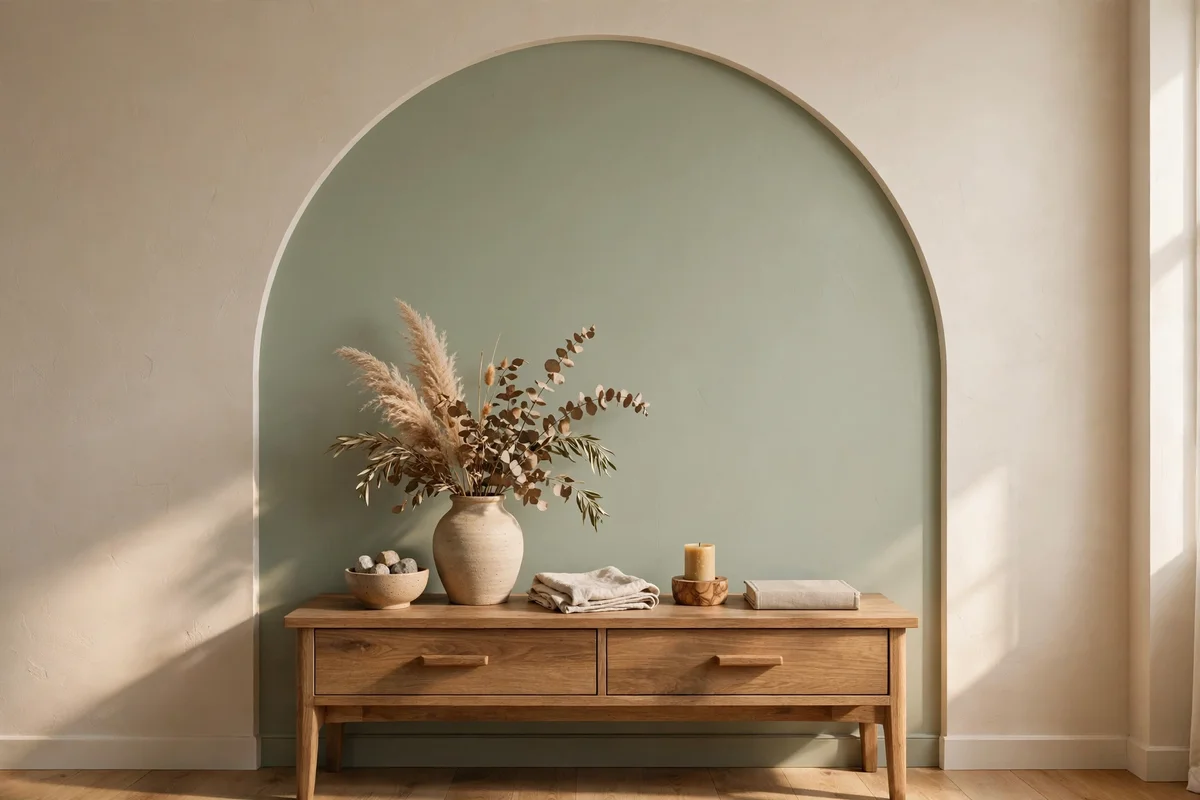 Soft sage painted arch on a wall behind a wooden console table