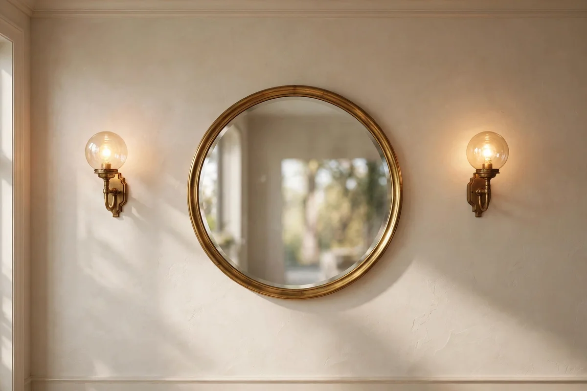 Round brass mirror flanked by two matching wall sconces