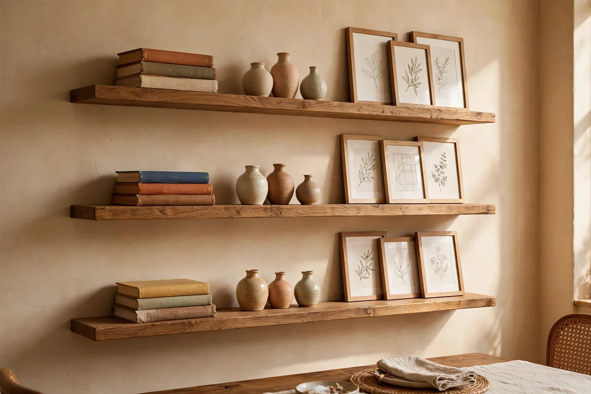 Three floating wooden shelves styled with books, vases and small frames