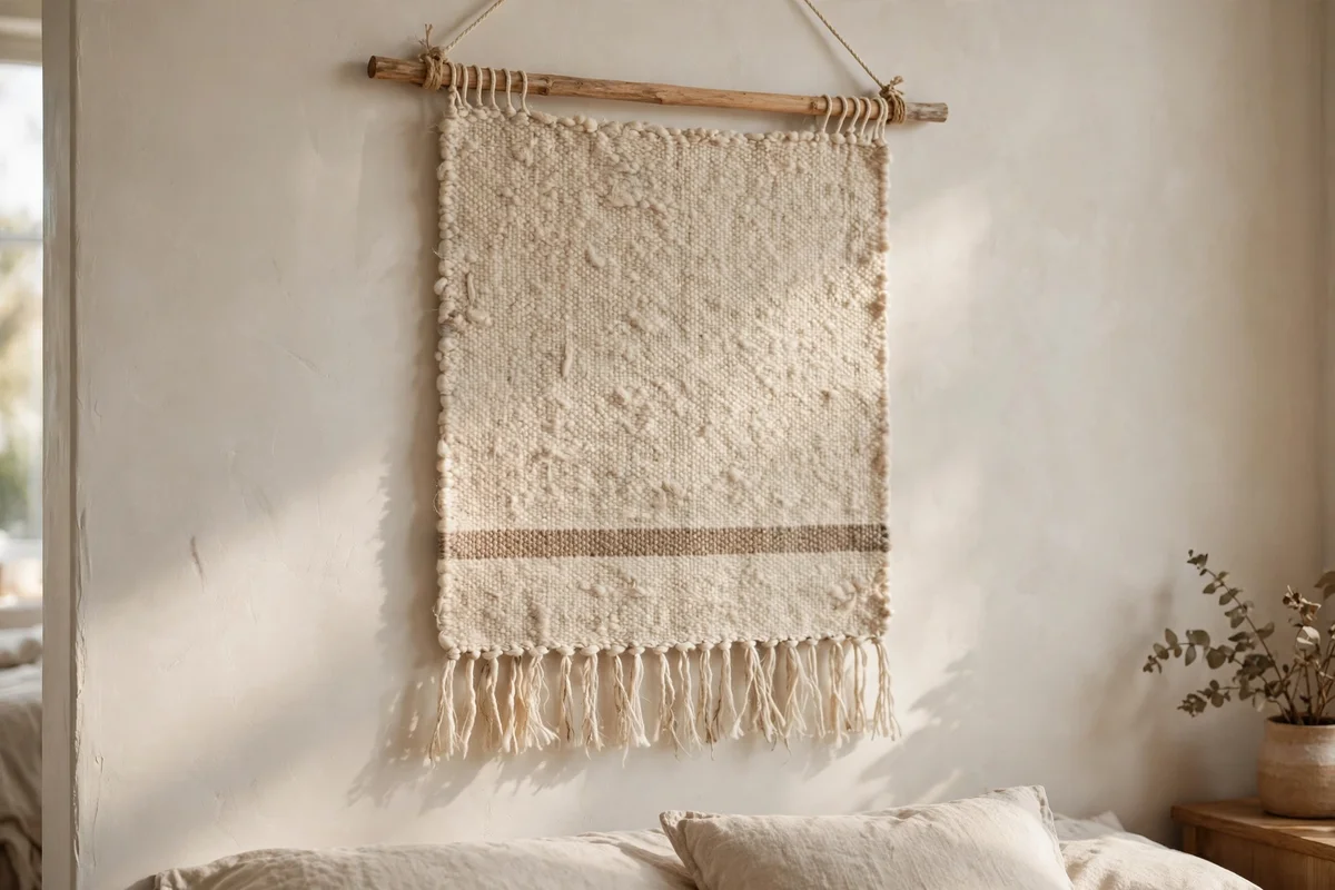 Plain woven wool textile hanging from a wooden dowel on a bedroom wall