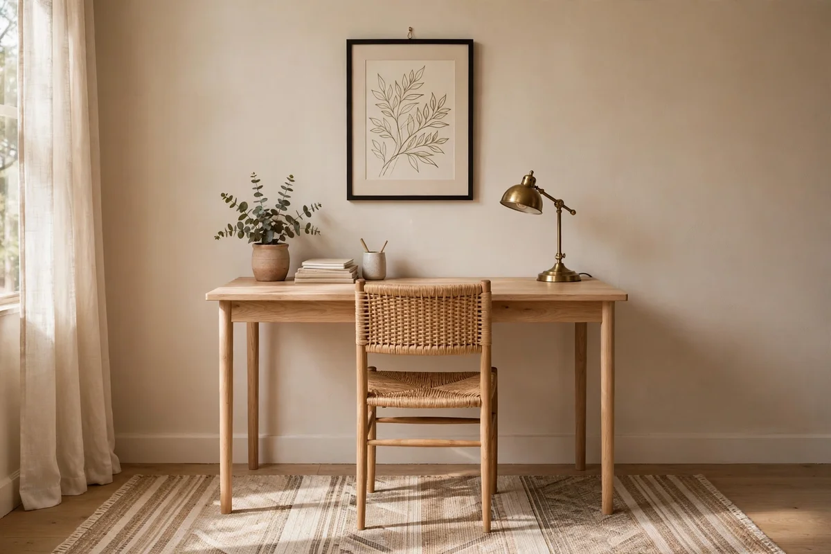 Slim wooden writing desk with chair and framed print on the wall above