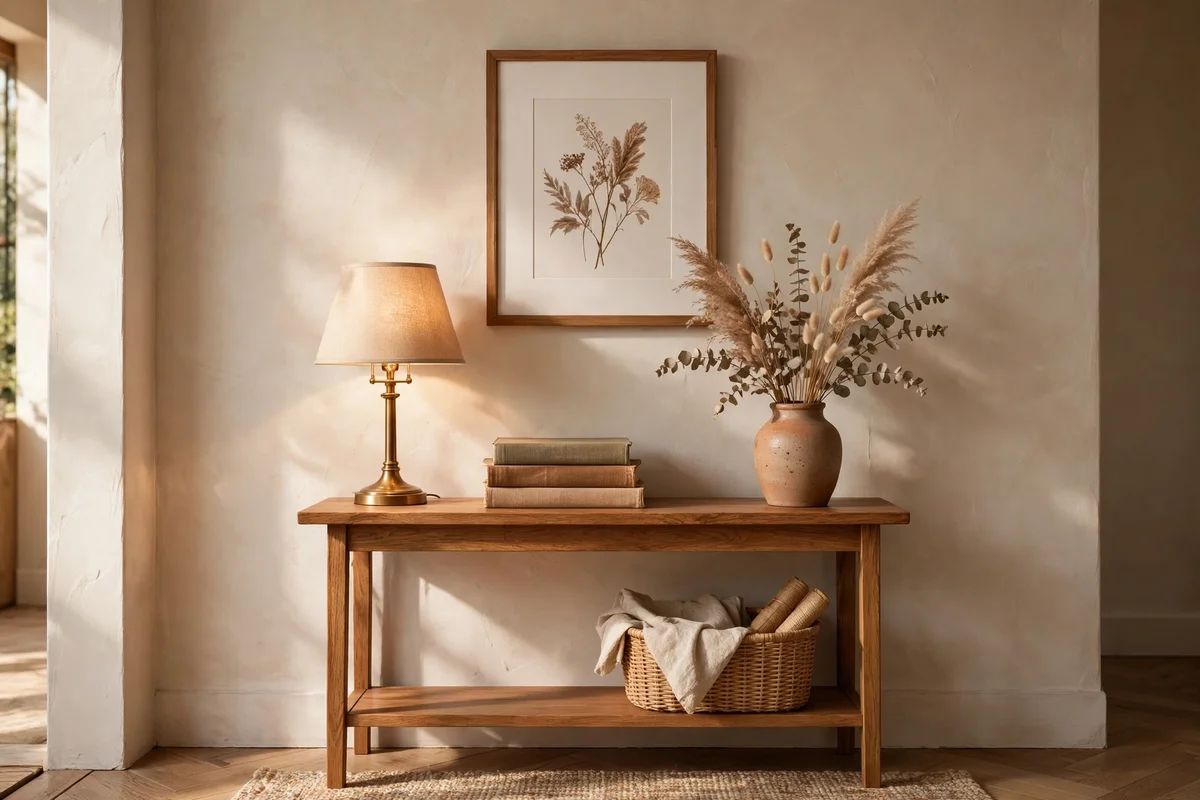Narrow console table with lamp, books and dried stems under a wide frame