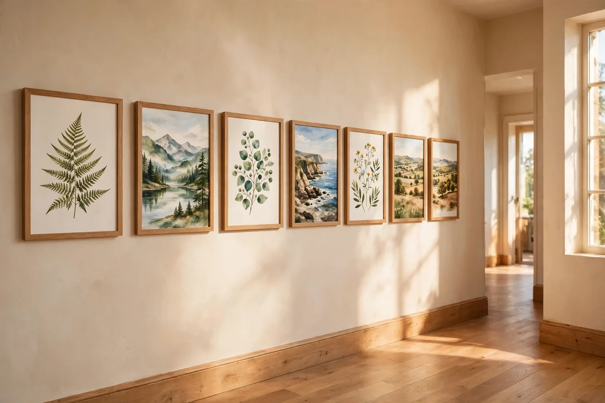 Hallway wall with a horizontal run of framed prints in matching oak frames