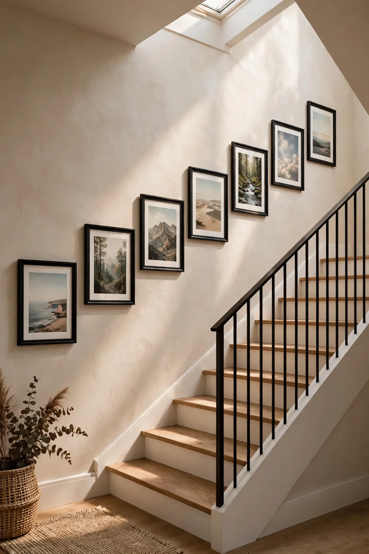 Stairwell wall with framed prints rising diagonally alongside the steps