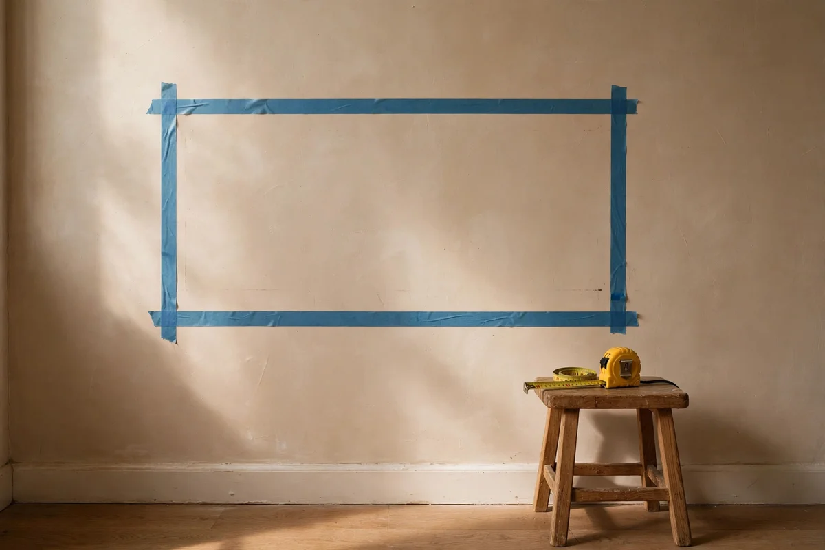 Tape measure and painter's tape marking decor width on an empty wall