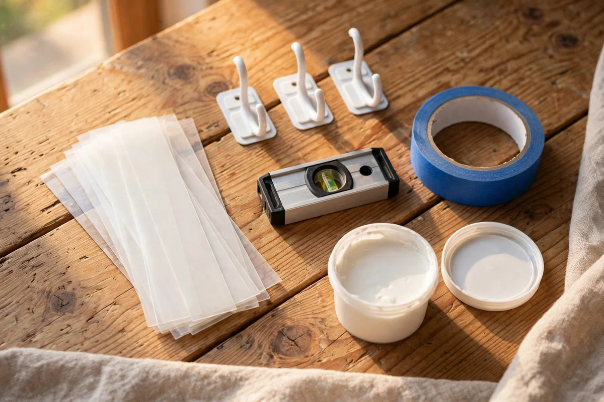 Adhesive hanging strips, hooks and a spirit level arranged on a table