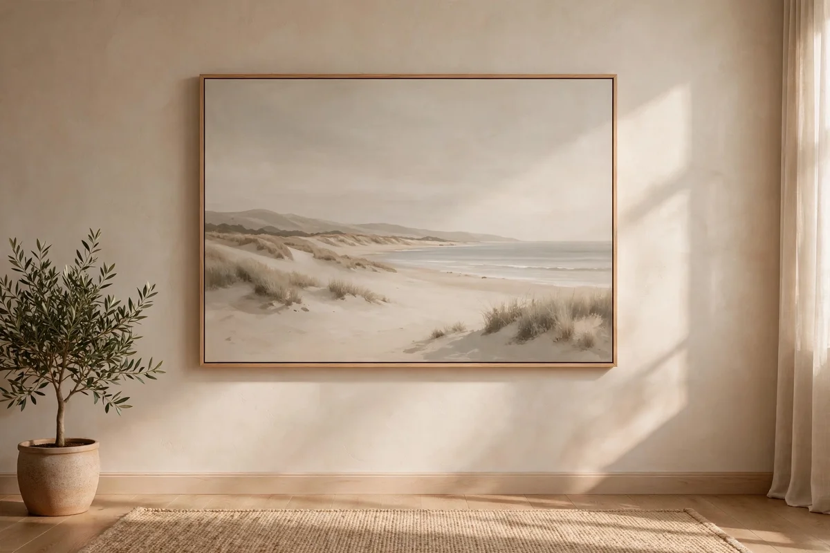 One large landscape canvas centred on a neutral living room wall