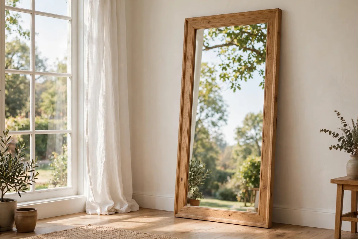 Tall oak-framed floor mirror leaning against a bright living room wall